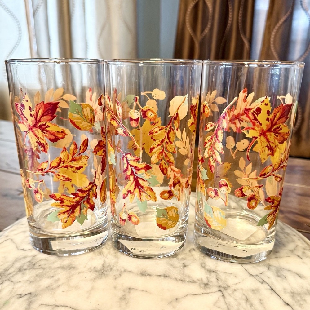 3pc NWT Greenbrier Autumn Fall Leaves Acorns Drinking Glass Glasses Tumbler 16oz